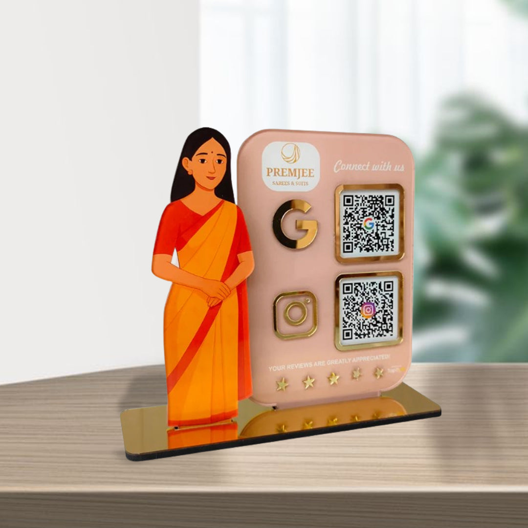 Lady in Saree Cutout Smart NFC 2-QR Standee - For ladies Garments Business