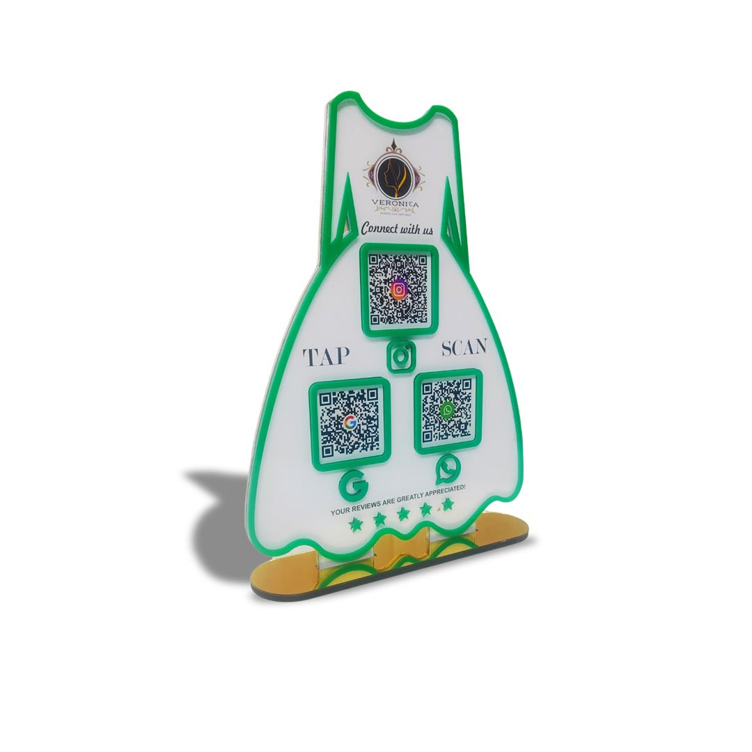 Ladies Gown NFC 3-in-1 Tabletop Standee – For Boutiques & Garment Shops | White Colour