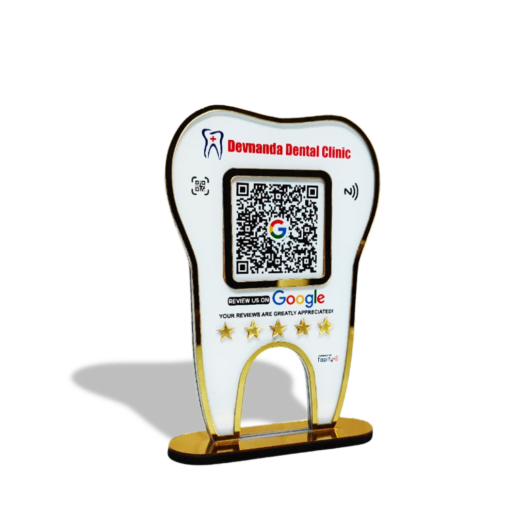 Premium - Dental Tooth Shaped NFC Single QR Standee - Google Review | Instagram | UPI