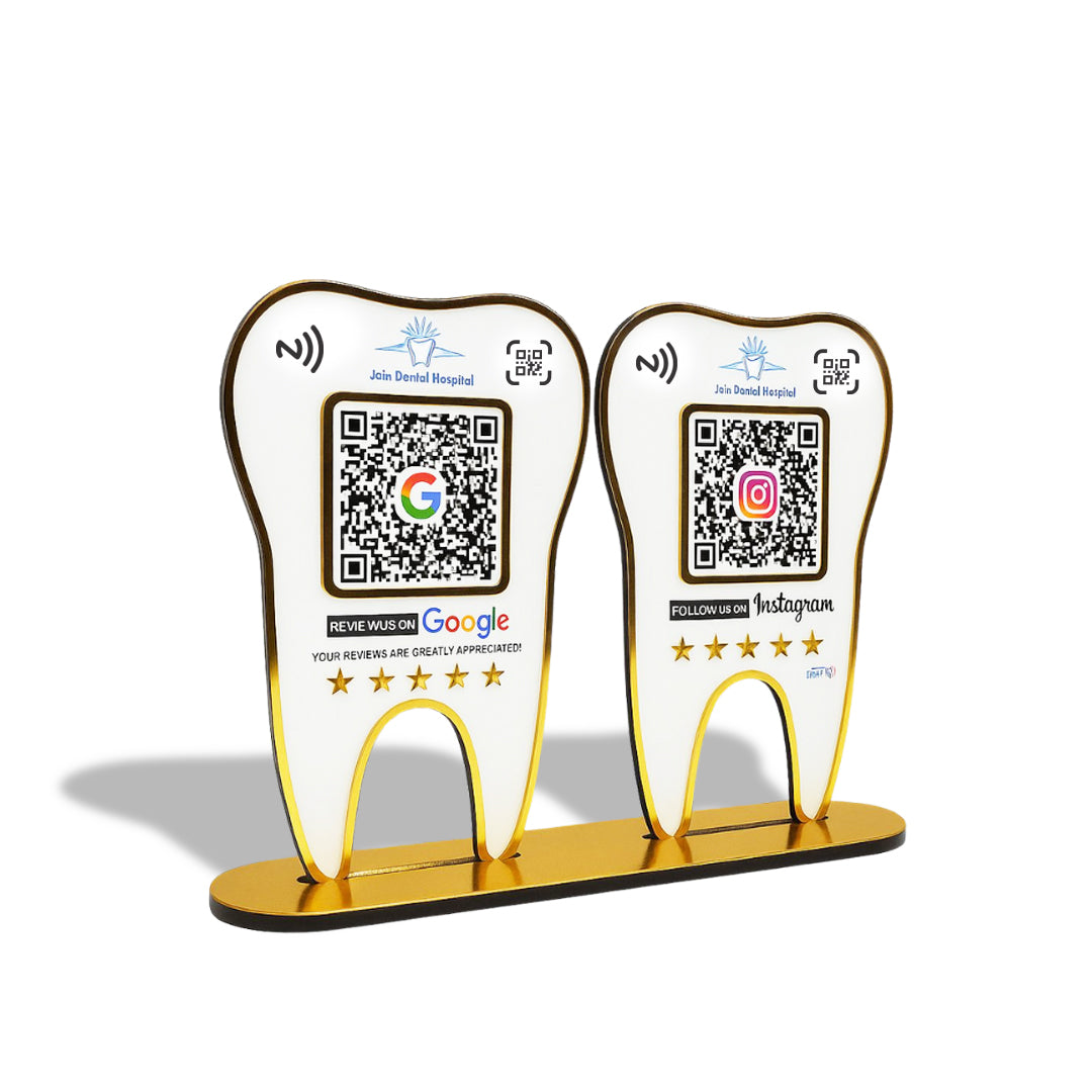 Tooth Shape - Smart NFC 2QR Table Top Standee - For Dental Clinic