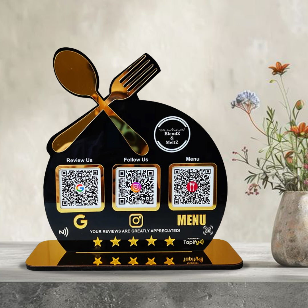 Spoon Cutout Smart NFC 3-in-1 Tabletop Standee For Restaurants