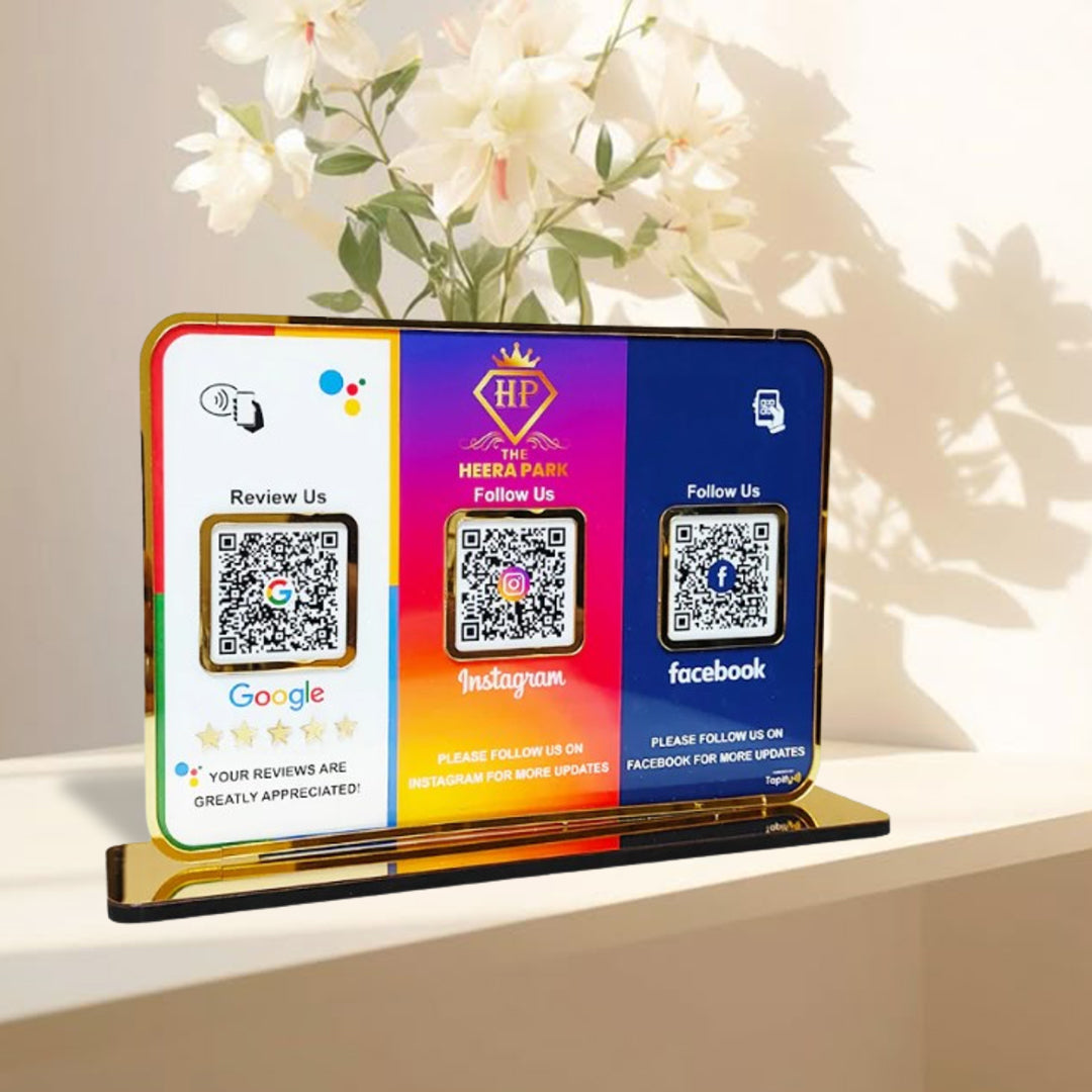 Premium Smart NFC 3QR Table Top Standee | Social Media Theme Edition