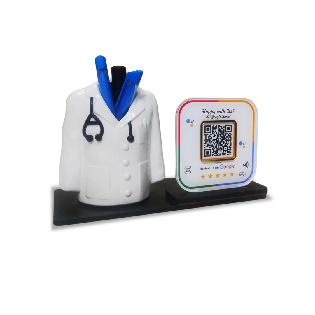 Smart NFC Google Review + Doctor Shaped Pen Stand (Fixed Design, Your Link Added)