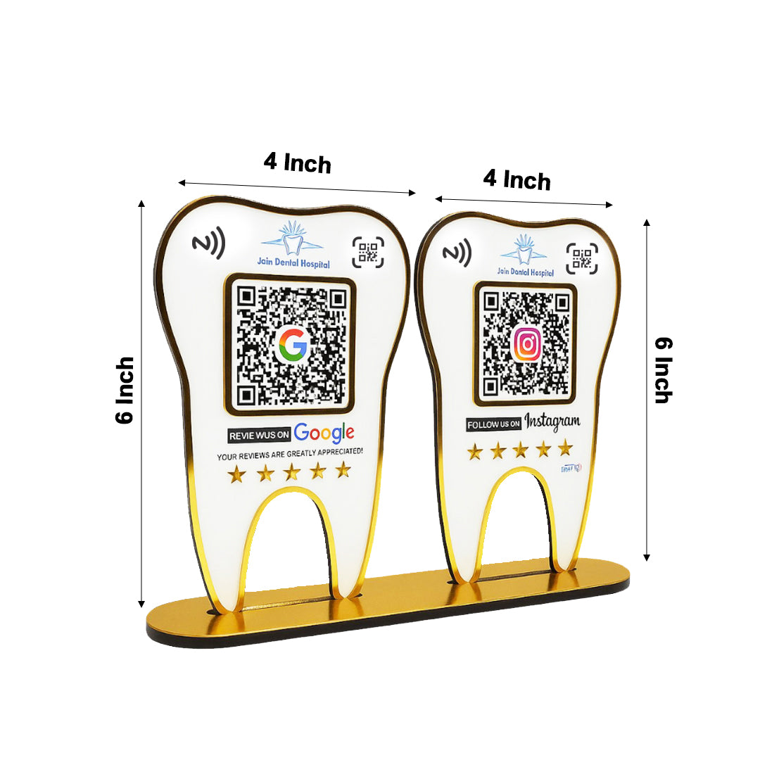 Tooth Shape - Smart NFC 2QR Table Top Standee - For Dental Clinic