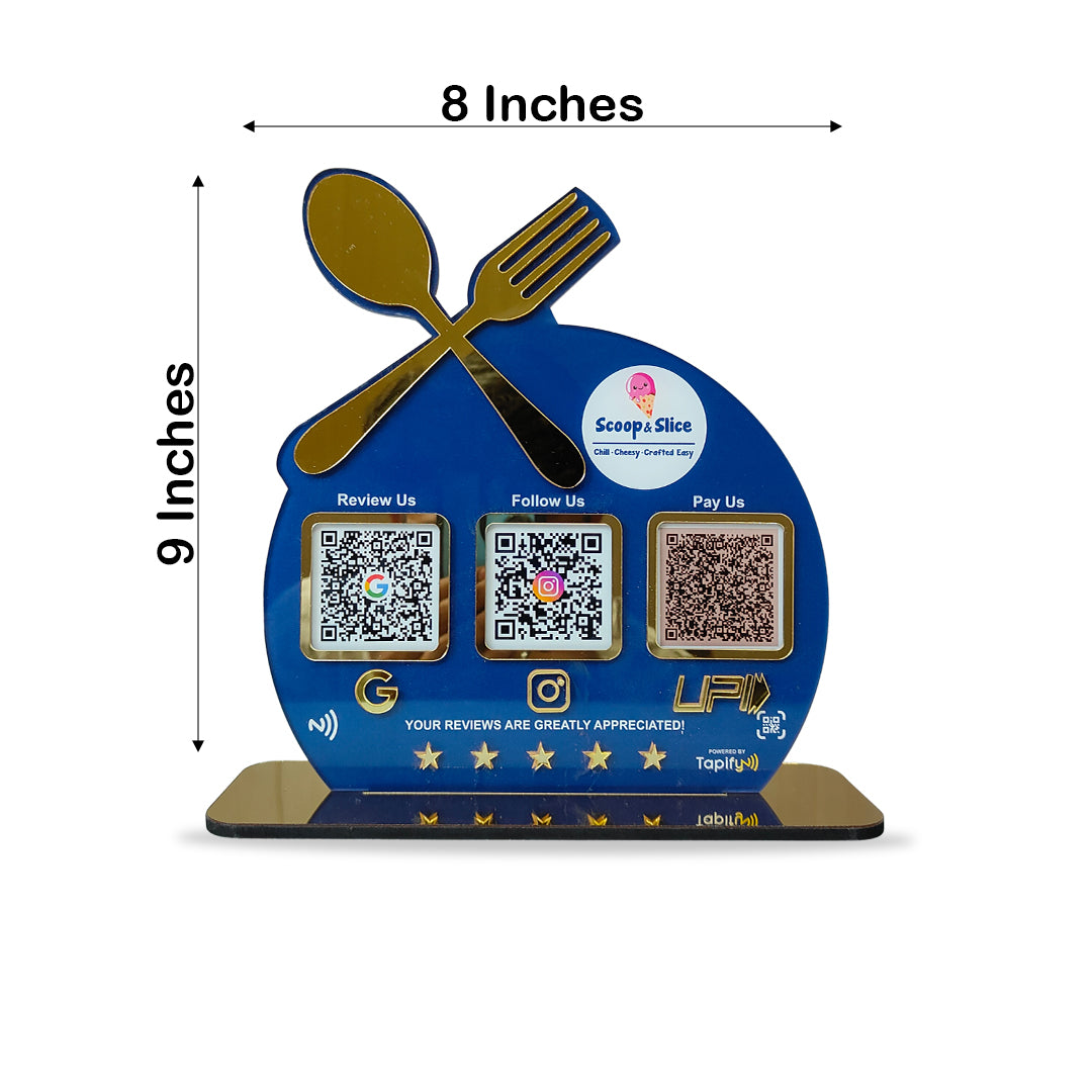 Spoon Cutout Smart NFC 3-in-1 Tabletop Standee For Restaurants - Blue Colour