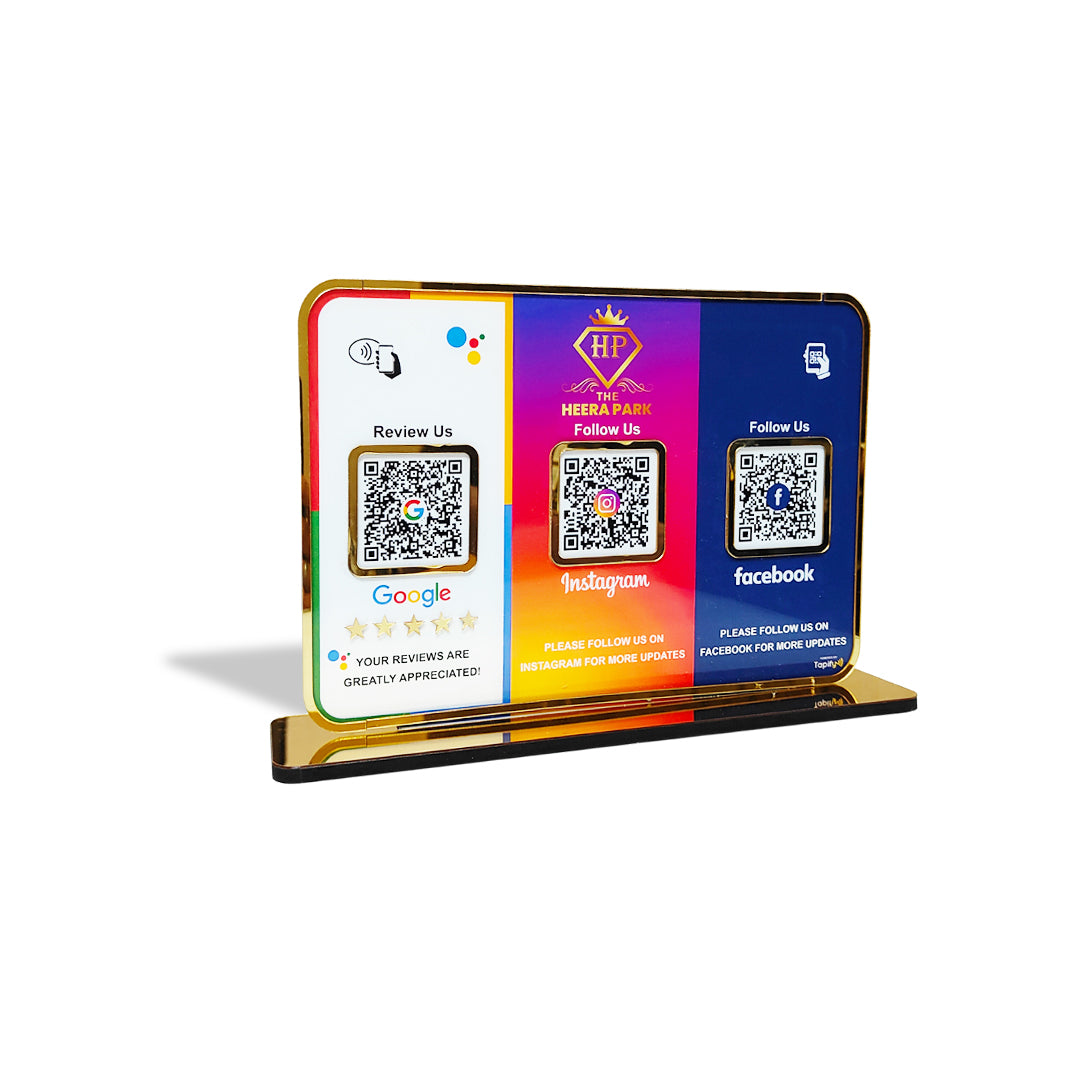 Premium Smart NFC 3QR Table Top Standee | Social Media Theme Edition