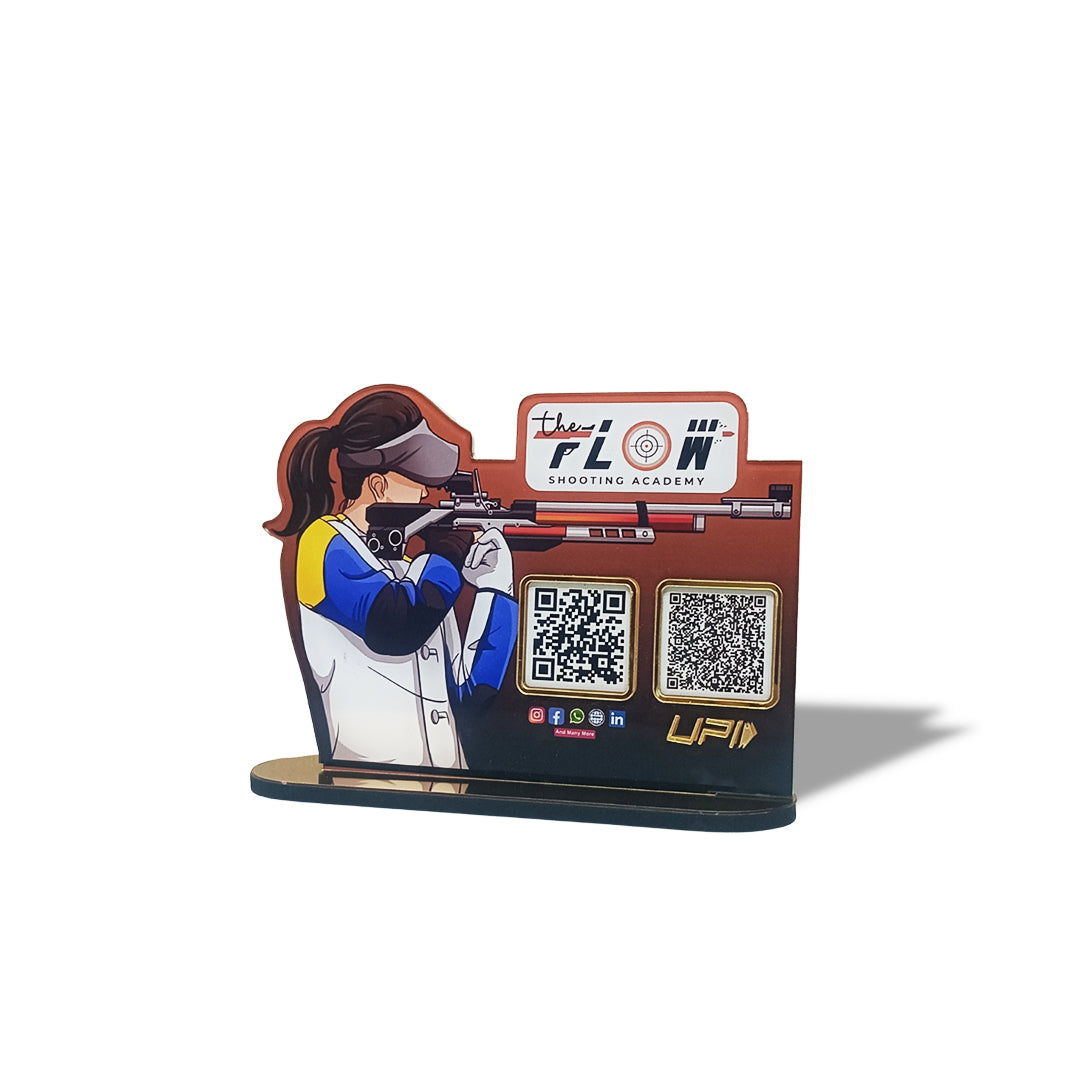 Gun Shooting Shaped Smart NFC All-In-One + UPI Tabletop Standee For Shooting Academy ( UPI Without NFC )