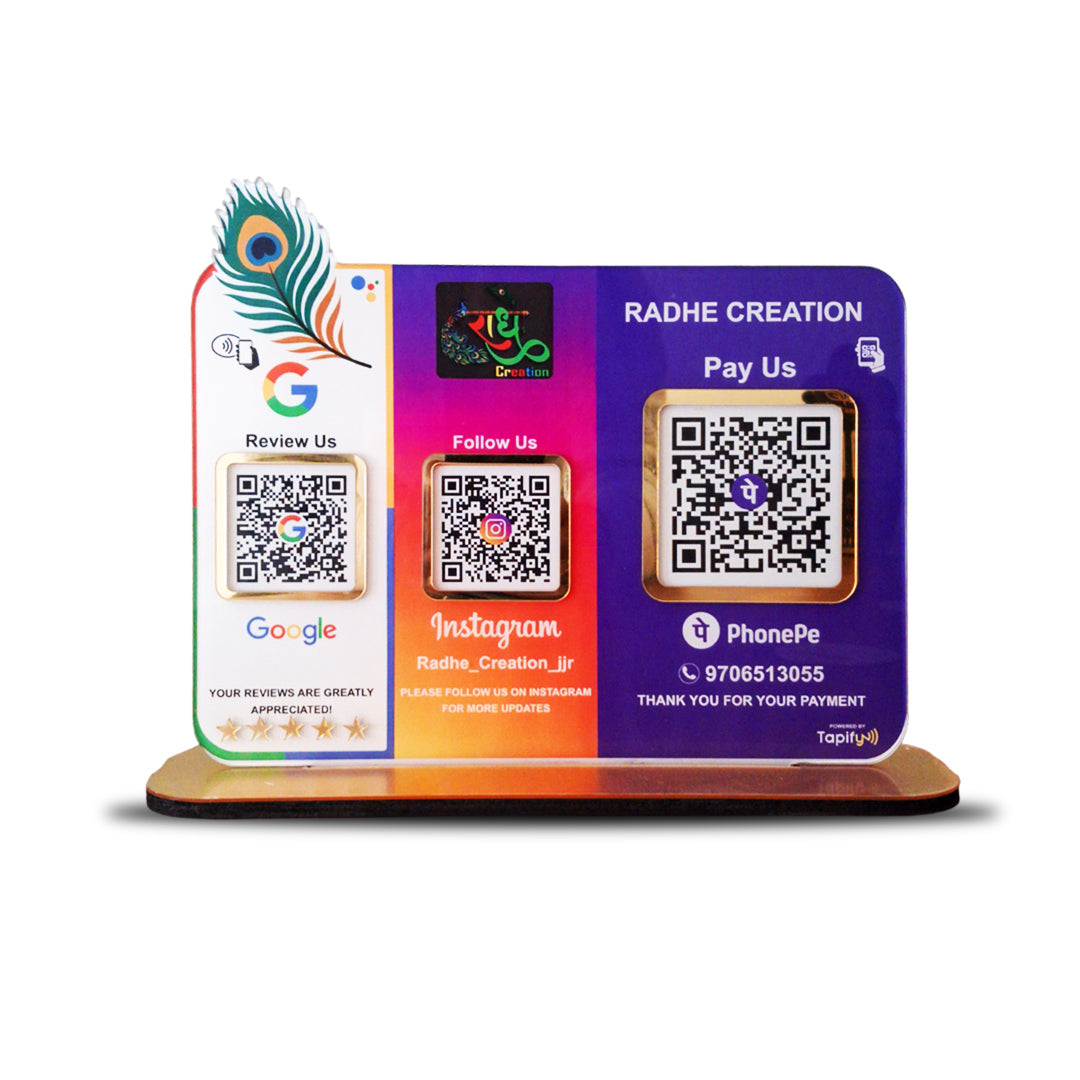 Mor Pankh Cutout Premium Smart NFC 3QR Table Top Standee | Social Media Theme Edition