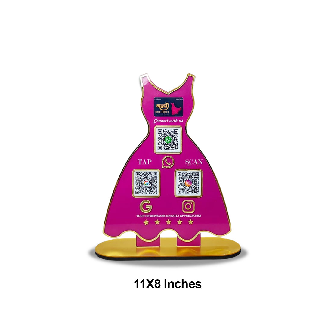 Ladies Cut Sleeves Gown shaped NFC 3-in-1 Tabletop Standee – For Boutiques & Garment Shops | Pink Colour