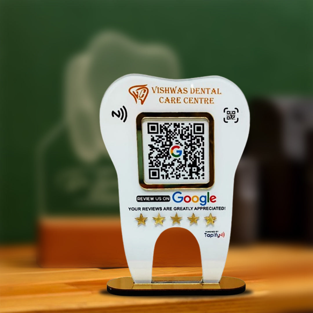 Dental Tooth Shaped NFC Single QR Google Review Standee - For Dentists