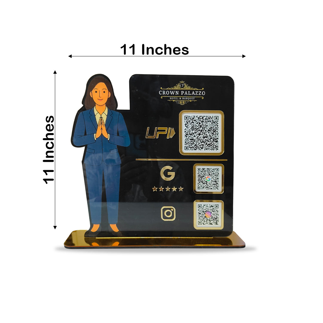 Welcome Girl Cutout Shape - Smart NFC 3QR Table Top Standee - For Reception