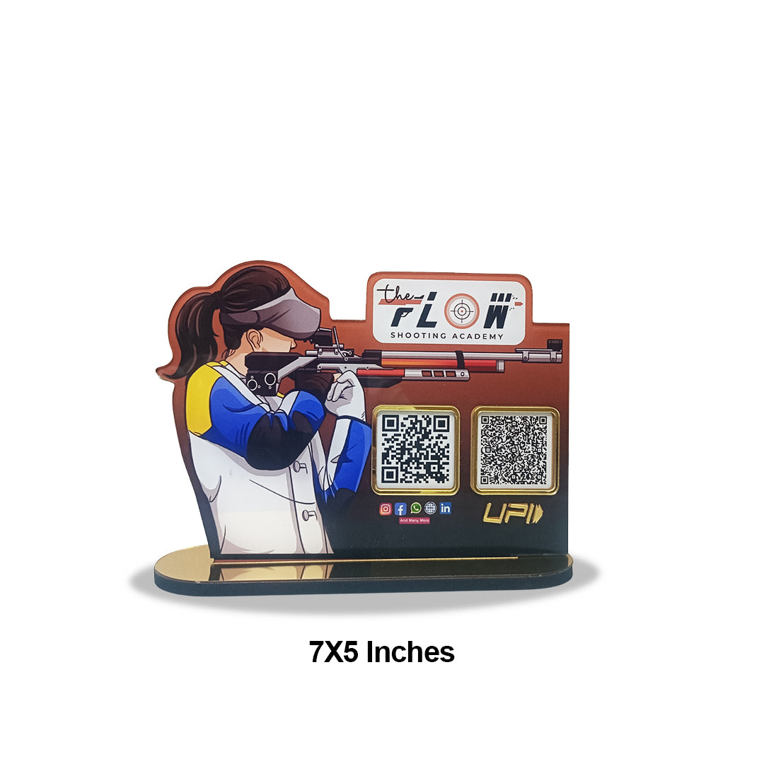 Gun Shooting Shaped Smart NFC All-In-One + UPI Tabletop Standee For Shooting Academy ( UPI Without NFC )