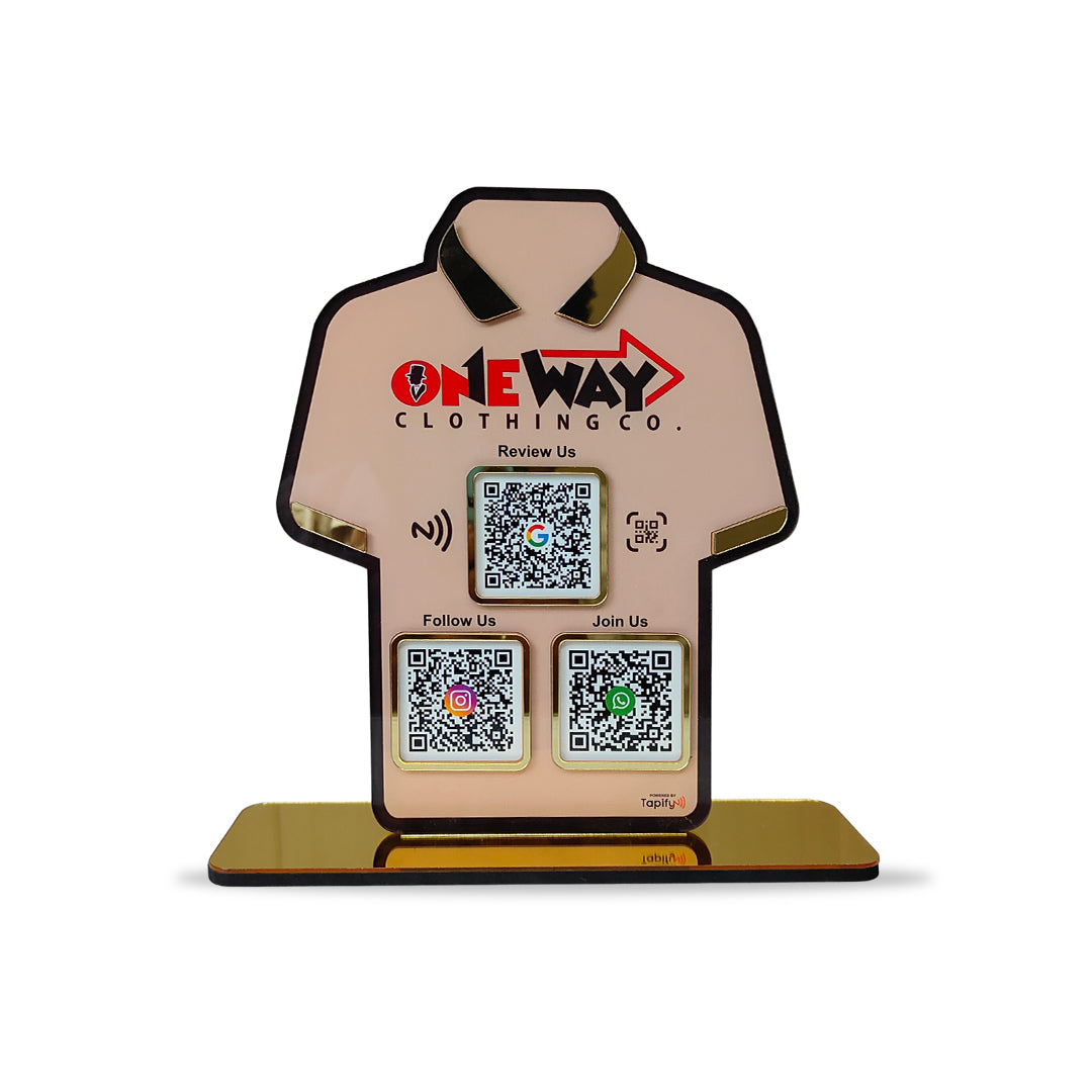 T-Shirt Shaped Custom background - Smart NFC 3-in-1 Tabletop Standee – For Garment Shops