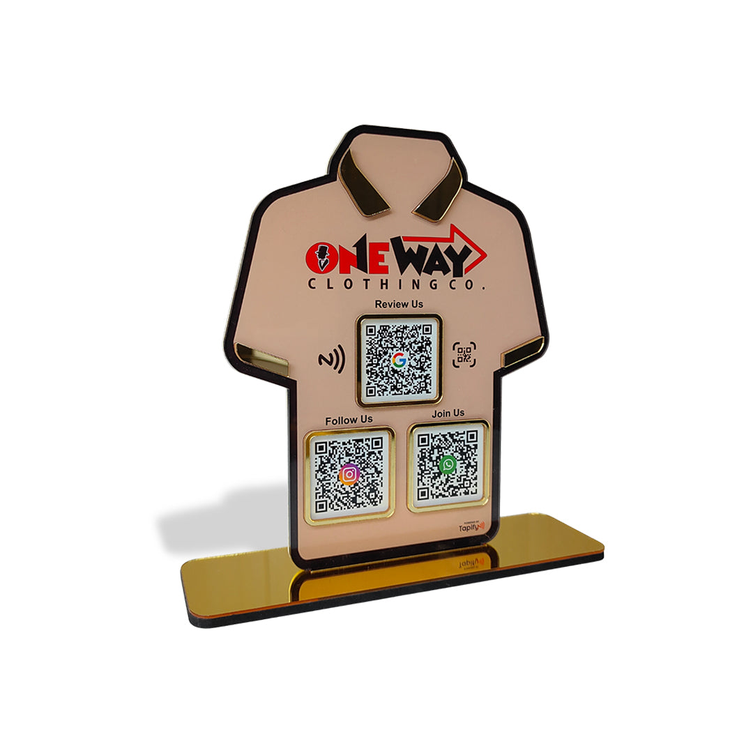 T-Shirt Shaped Custom background - Smart NFC 3-in-1 Tabletop Standee – For Garment Shops