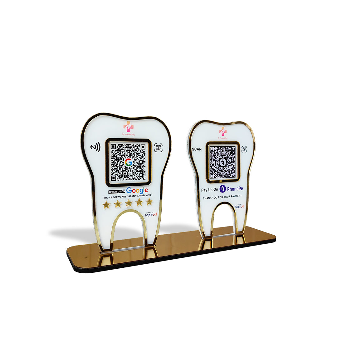 Tooth Shape - Smart NFC 2QR Table Top Standee - For Dental Clinic