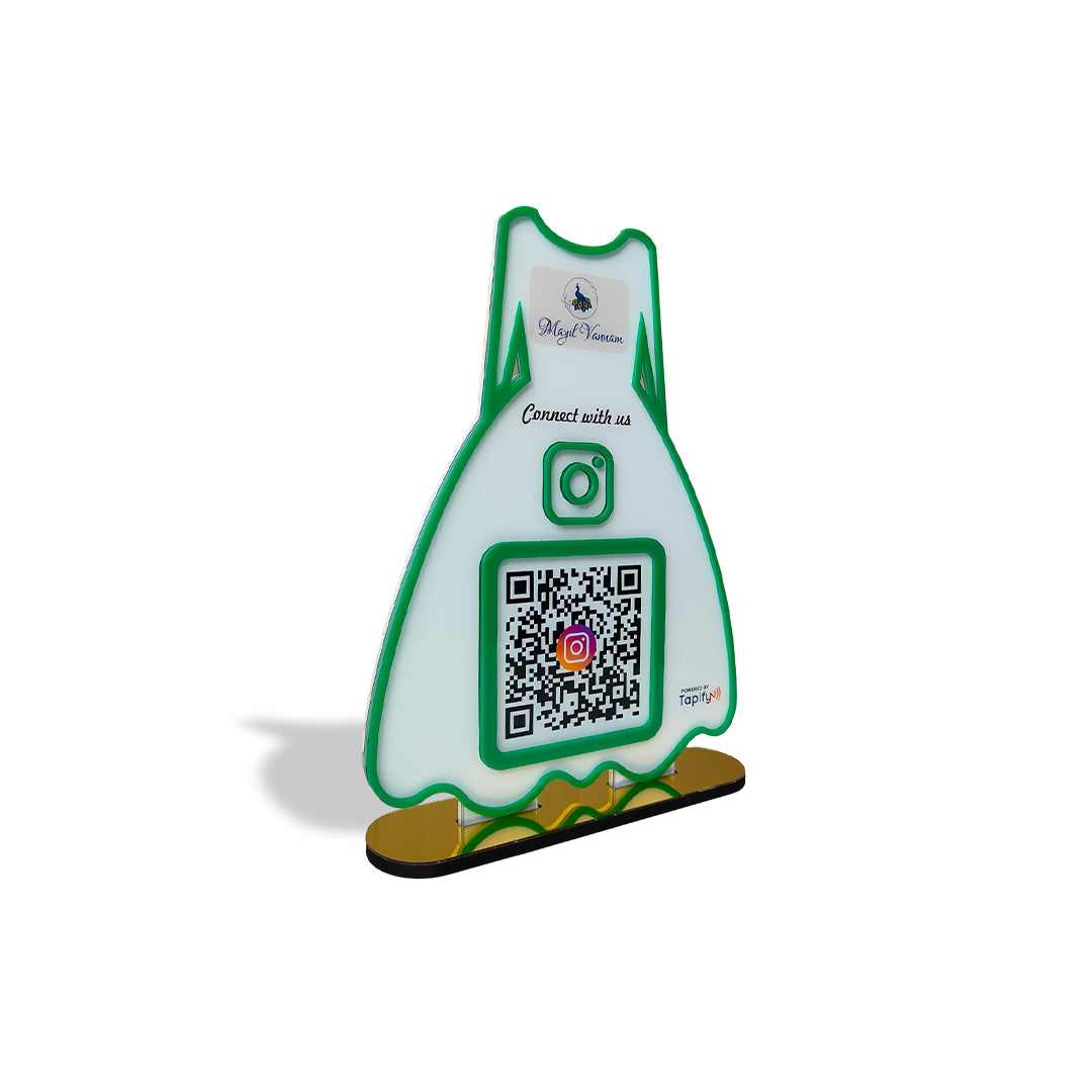 Ladies Gown Smart NFC 1 QR Tabletop Standee – For Boutiques & Garment Shops | White Colour