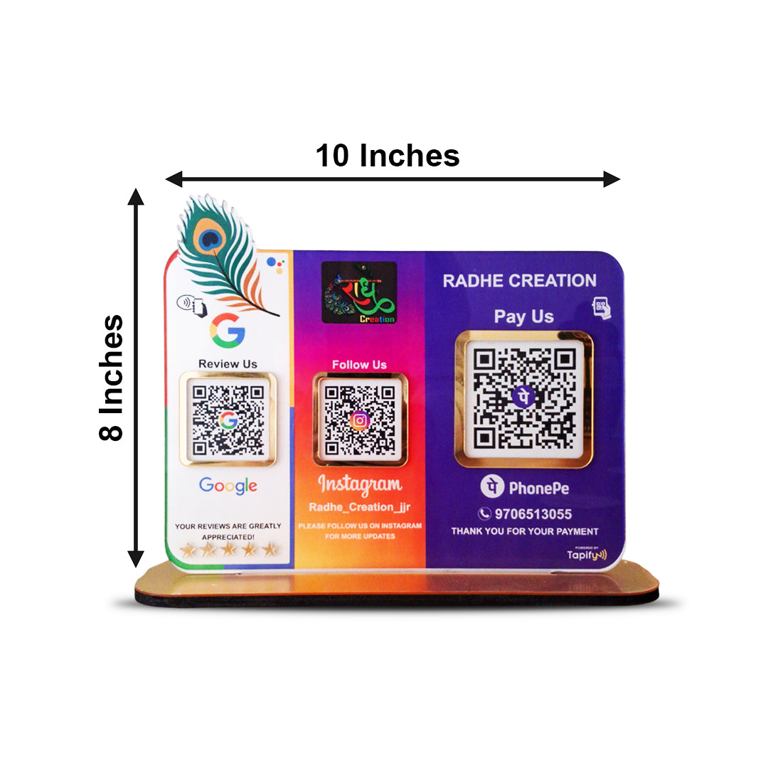 Mor Pankh Cutout Premium Smart NFC 3QR Table Top Standee | Social Media Theme Edition