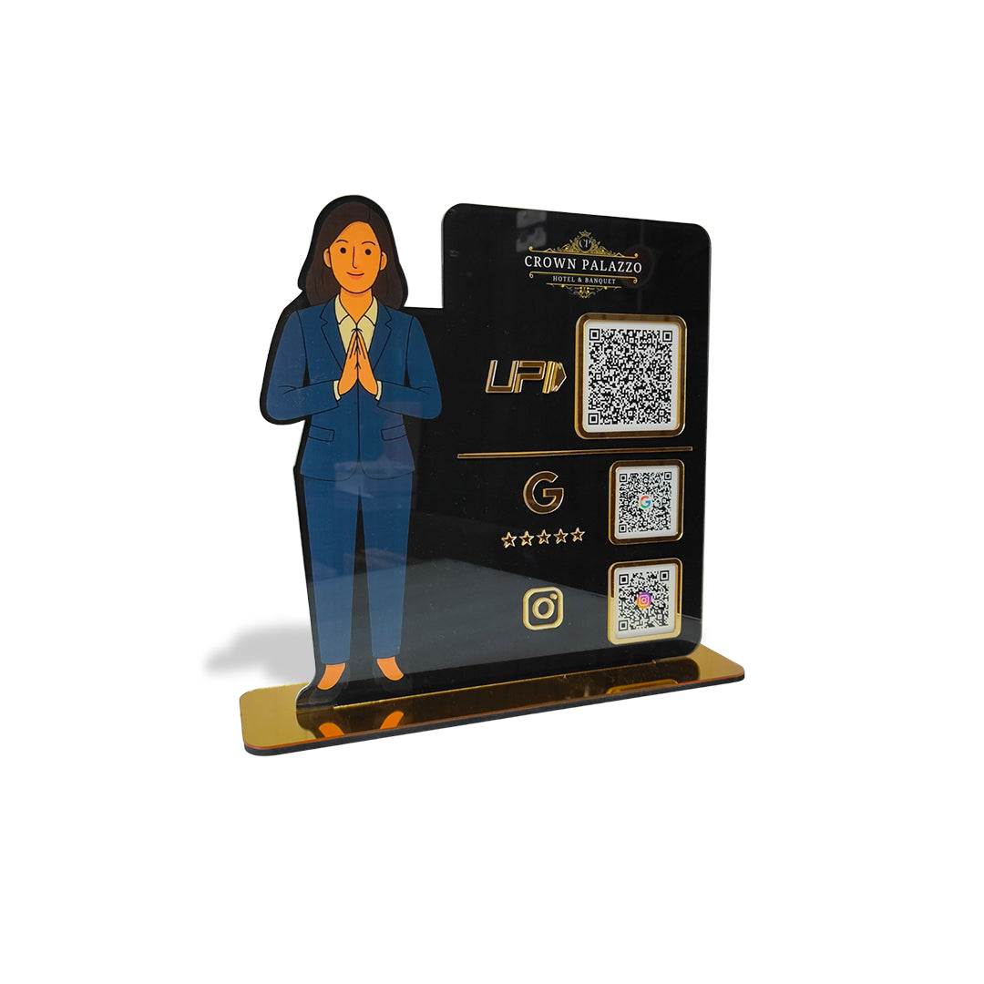 Welcome Girl Cutout Shape - Smart NFC 3QR Table Top Standee - For Reception