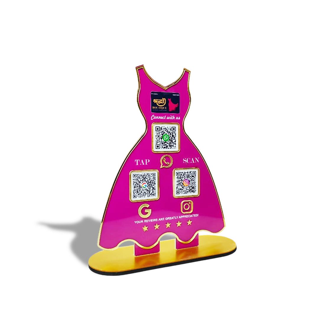 Ladies Cut Sleeves Gown shaped NFC 3-in-1 Tabletop Standee – For Boutiques & Garment Shops | Pink Colour