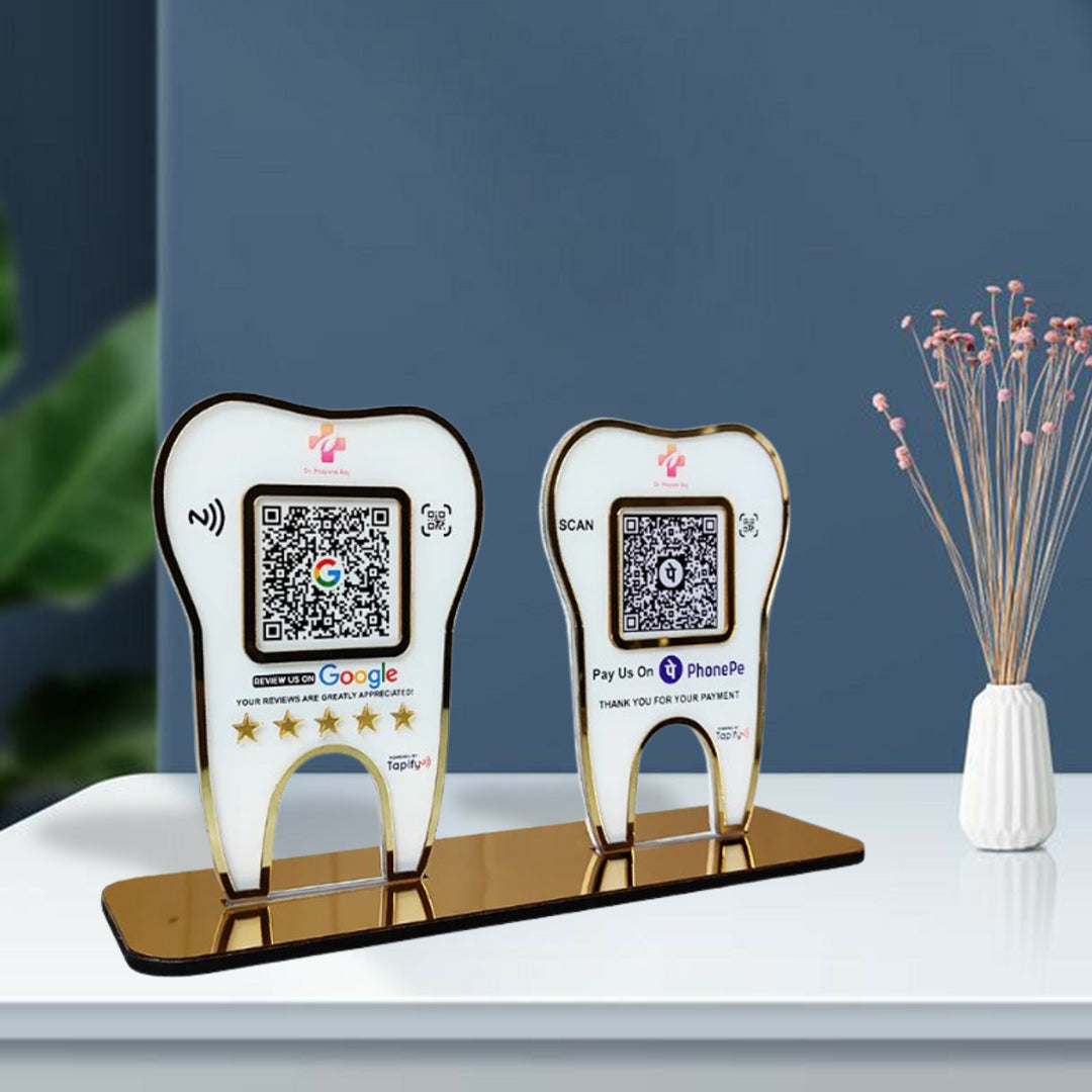 Tooth Shape - Smart NFC 2QR Table Top Standee - For Dental Clinic