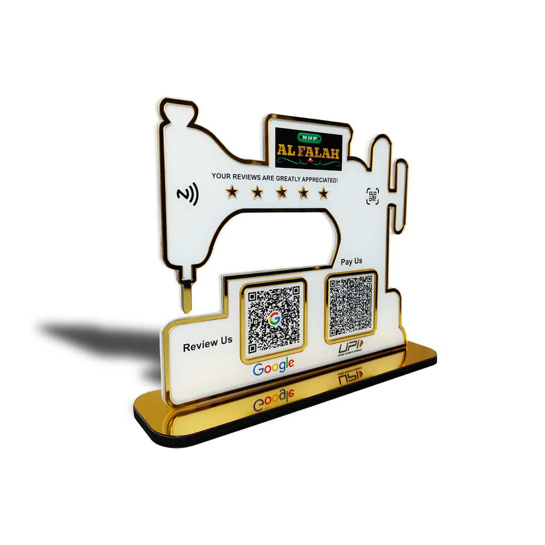 Sewing Machine Shaped - Smart NFC 2QR Table Top Standee - White Colour