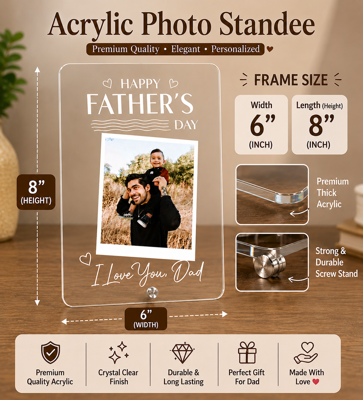 Personalized Transparent Acrylic Photo Plaque for Dad | Custom Father's Day Picture Frame with Stand