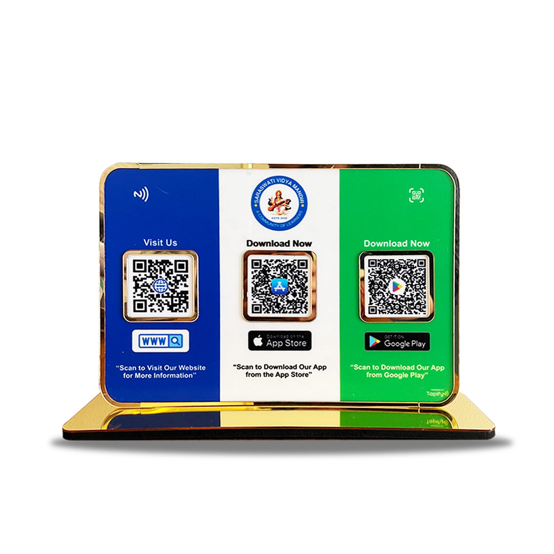 Premium Smart NFC 3QR Table Top Standee | Social Media Theme Edition-Website, App store, Google Play
