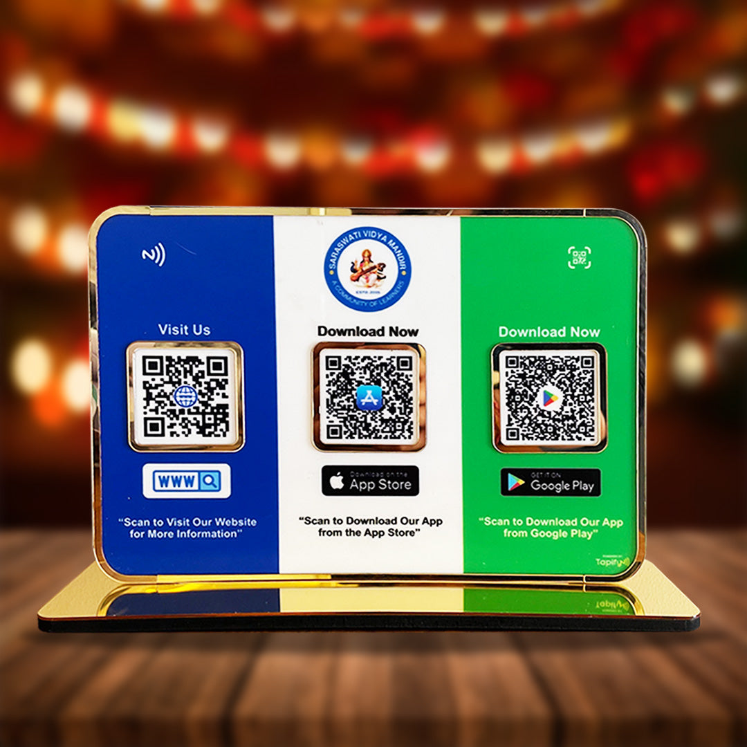 Premium Smart NFC 3QR Table Top Standee | Social Media Theme Edition-Website, App store, Google Play