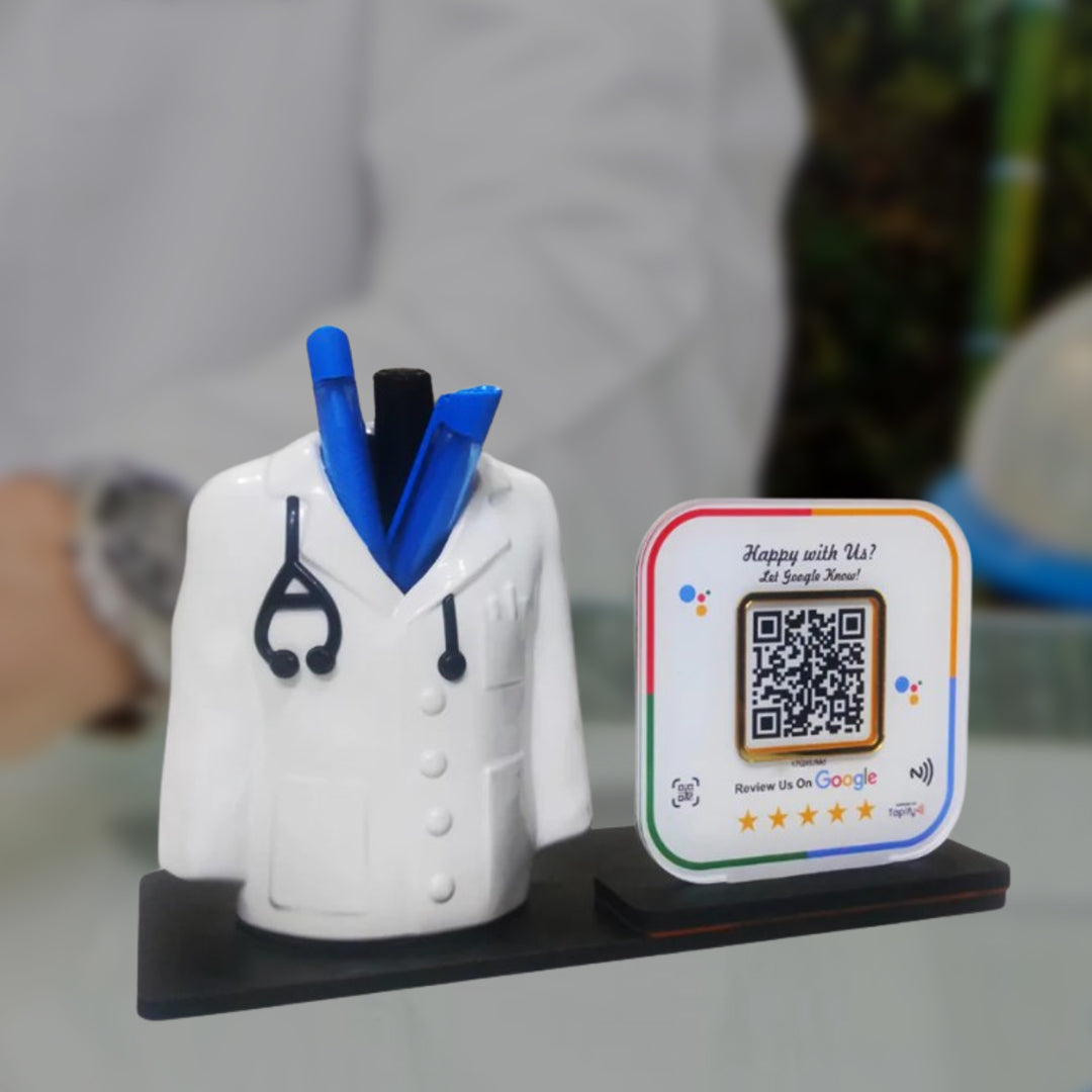 Smart NFC Google Review + Doctor Shaped Pen Stand (Fixed Design, Your Link Added)