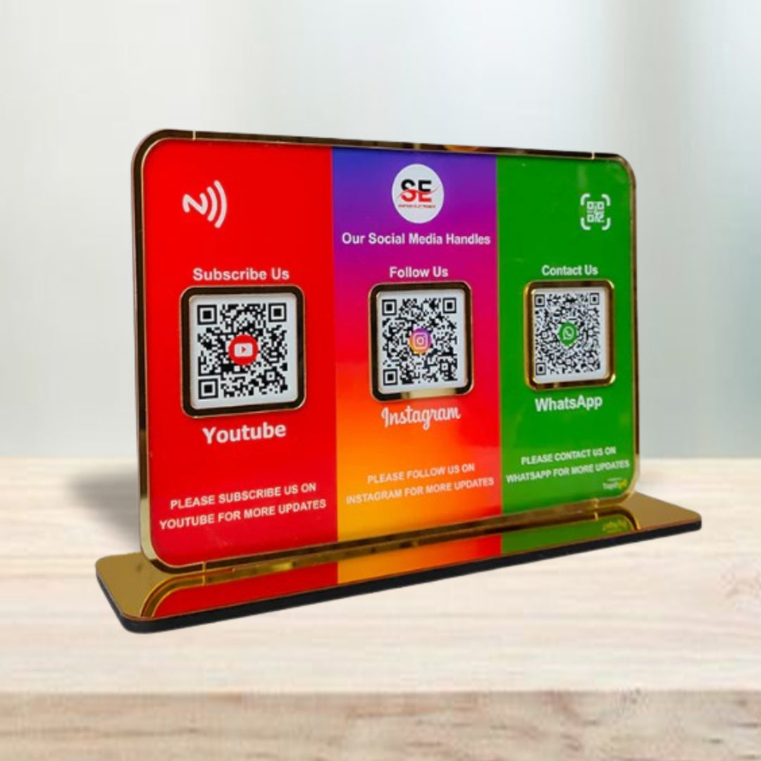 Premium Smart NFC 3QR Table Top Standee | Social Media Theme Edition - For-YouTube, Instagram, Whatsapp