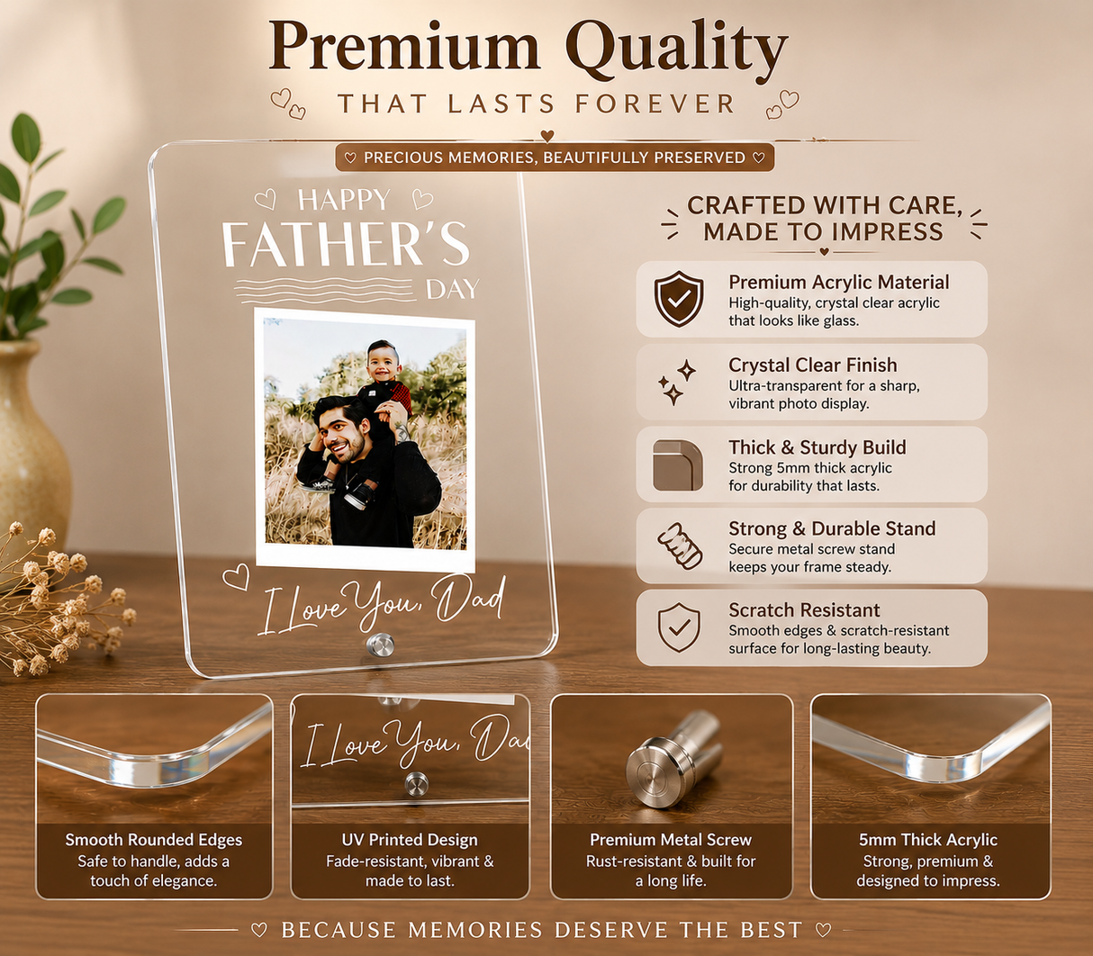 Personalized Transparent Acrylic Photo Plaque for Dad | Custom Father's Day Picture Frame with Stand