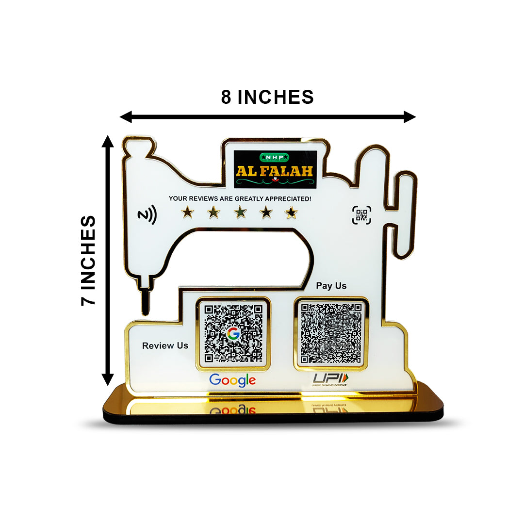 Sewing Machine Shaped - Smart NFC 2QR Table Top Standee - White Colour