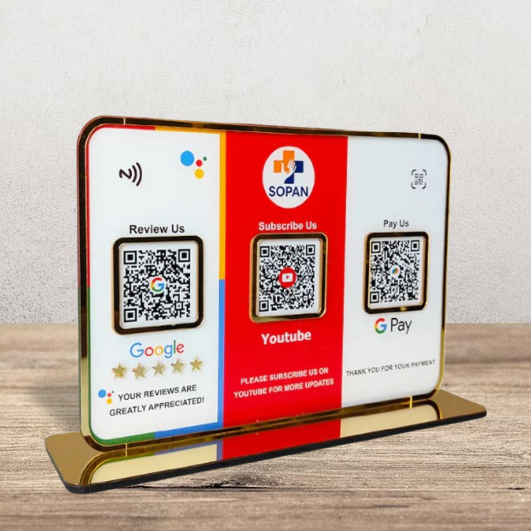 Premium Smart NFC 3QR Table Top Standee | Social Media Theme Edition-Google,Youtube,UPI