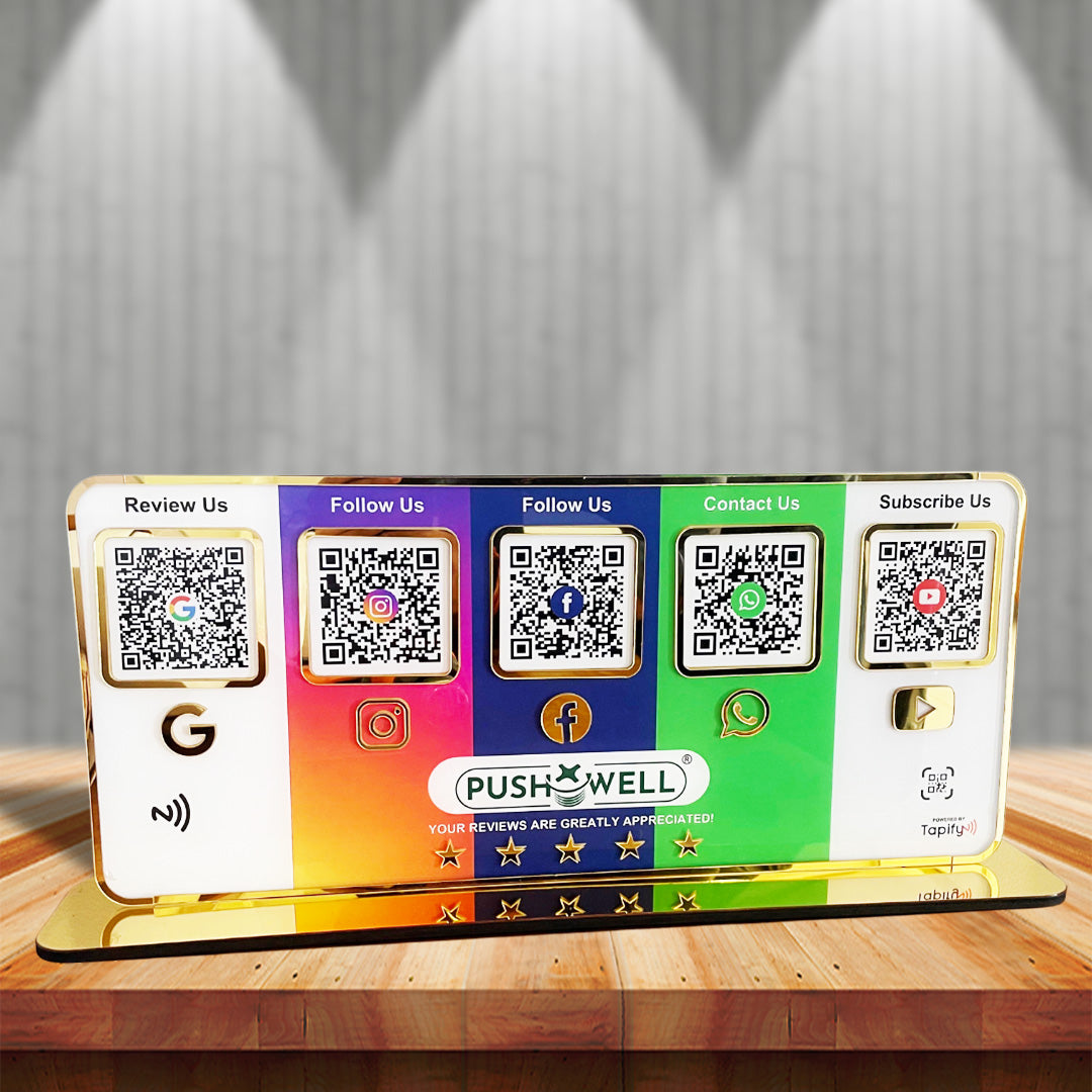 Premium Smart NFC Standee - 5QR Table Top Standee | Google, Instagram , Facebook, Whatsapp, YouTube