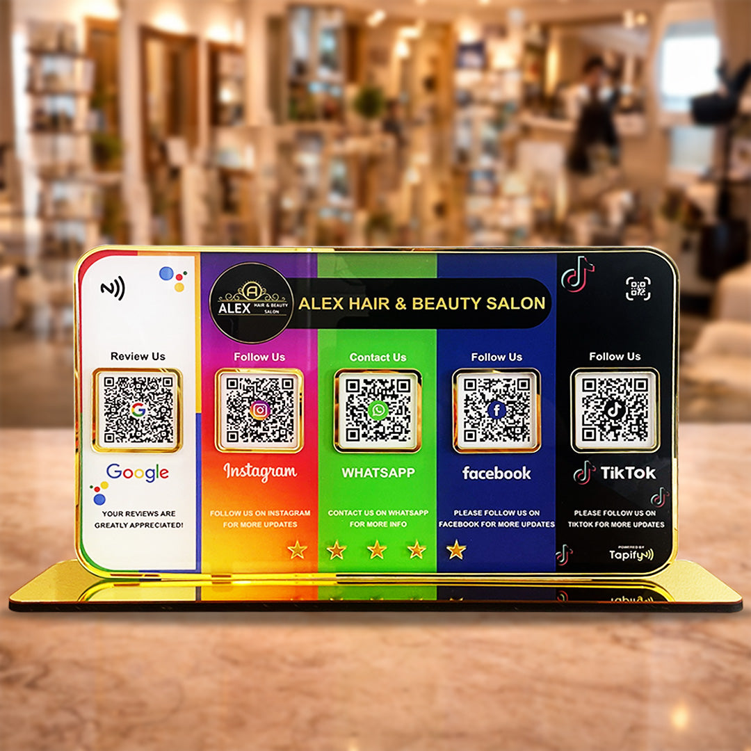 Premium Smart NFC Standee - 5QR Table Top Standee | Google, Instagram, Whatsapp, Facebook, TikTok