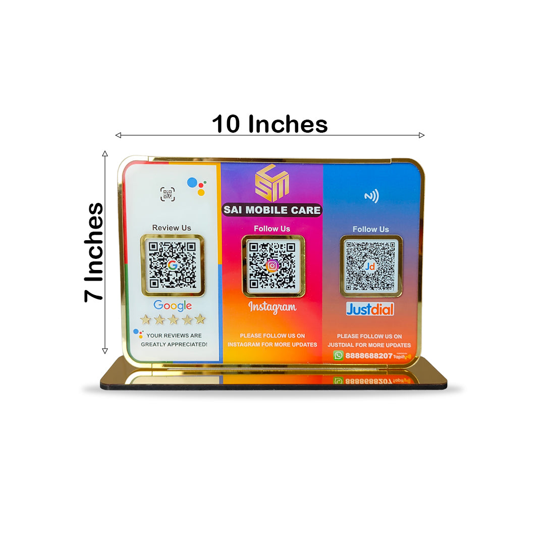 Premium Smart NFC 3QR Table Top Standee | Social Media Theme Edition - Google,Instagram,Justdial
