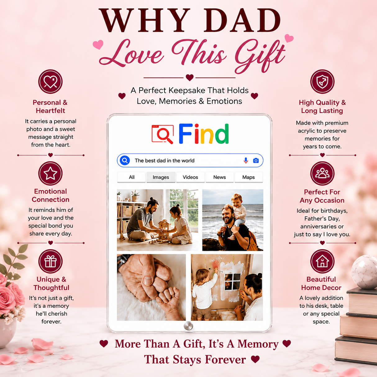 World's Best Dad Google Search Photo Frame - Custom Acrylic Gift for Father & Son/Daughter ( 4 Photos )
