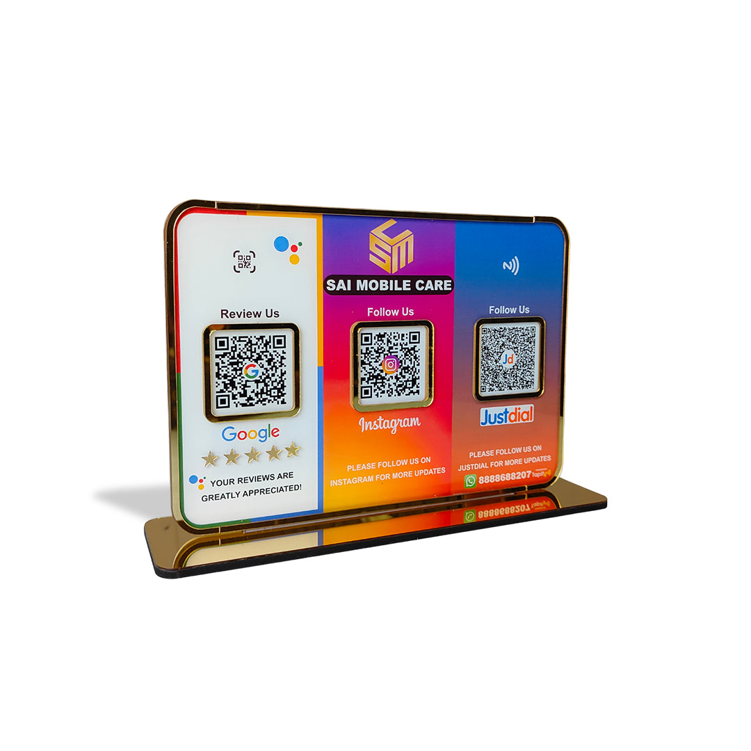 Premium Smart NFC 3QR Table Top Standee | Social Media Theme Edition - Google,Instagram,Justdial