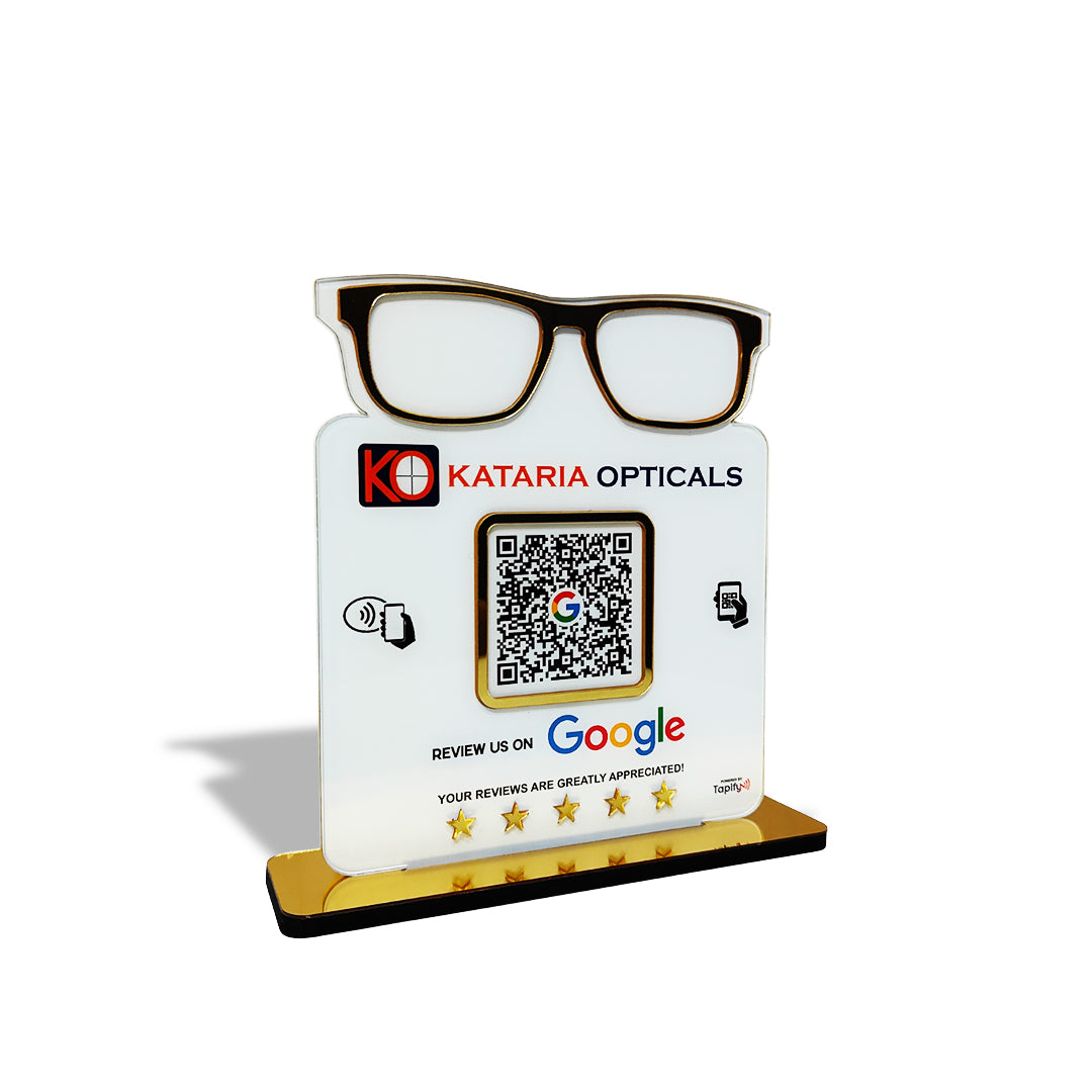 Spectacle Shaped Cutout Edition - Smart NFC Single QR - Table Top Standee - Optical Business