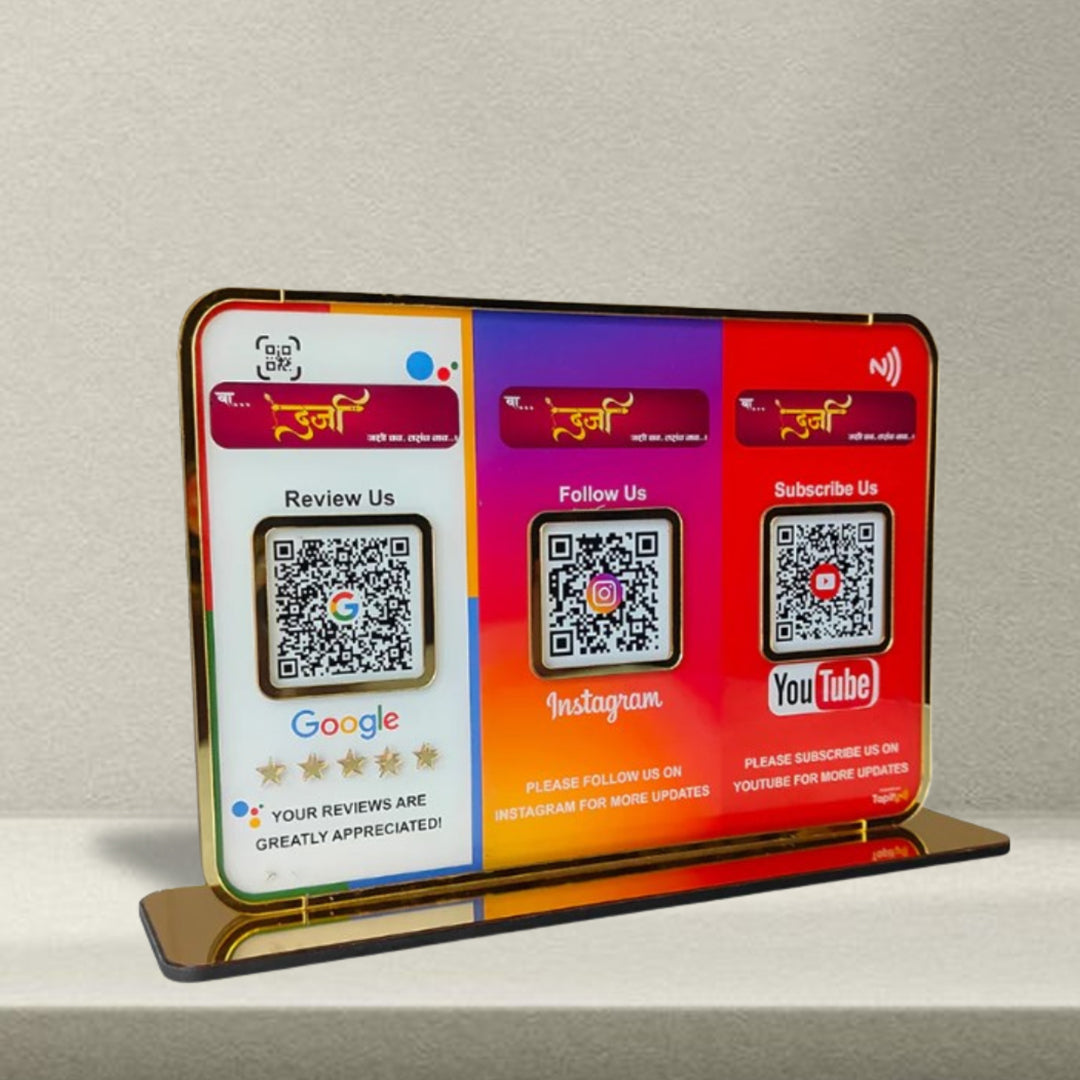 Premium Smart NFC 3QR Table Top Standee | Social Media Theme Edition - YouTube,Instagram,Google