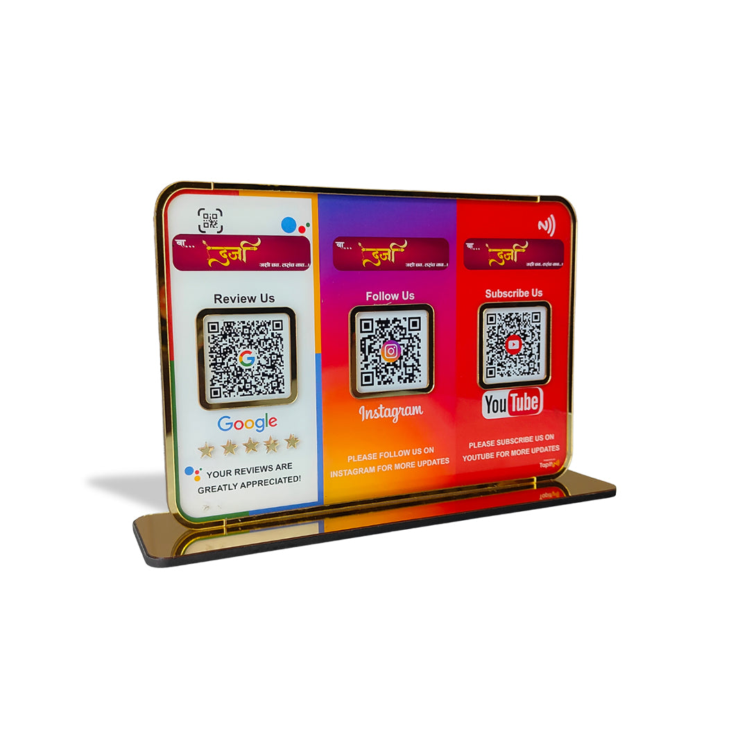Premium Smart NFC 3QR Table Top Standee | Social Media Theme Edition - YouTube,Instagram,Google