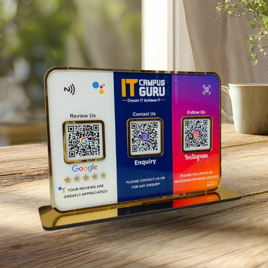 Premium Smart NFC 3QR Table Top Standee | Social Media Theme Edition - Google,Instagram,Enquiry