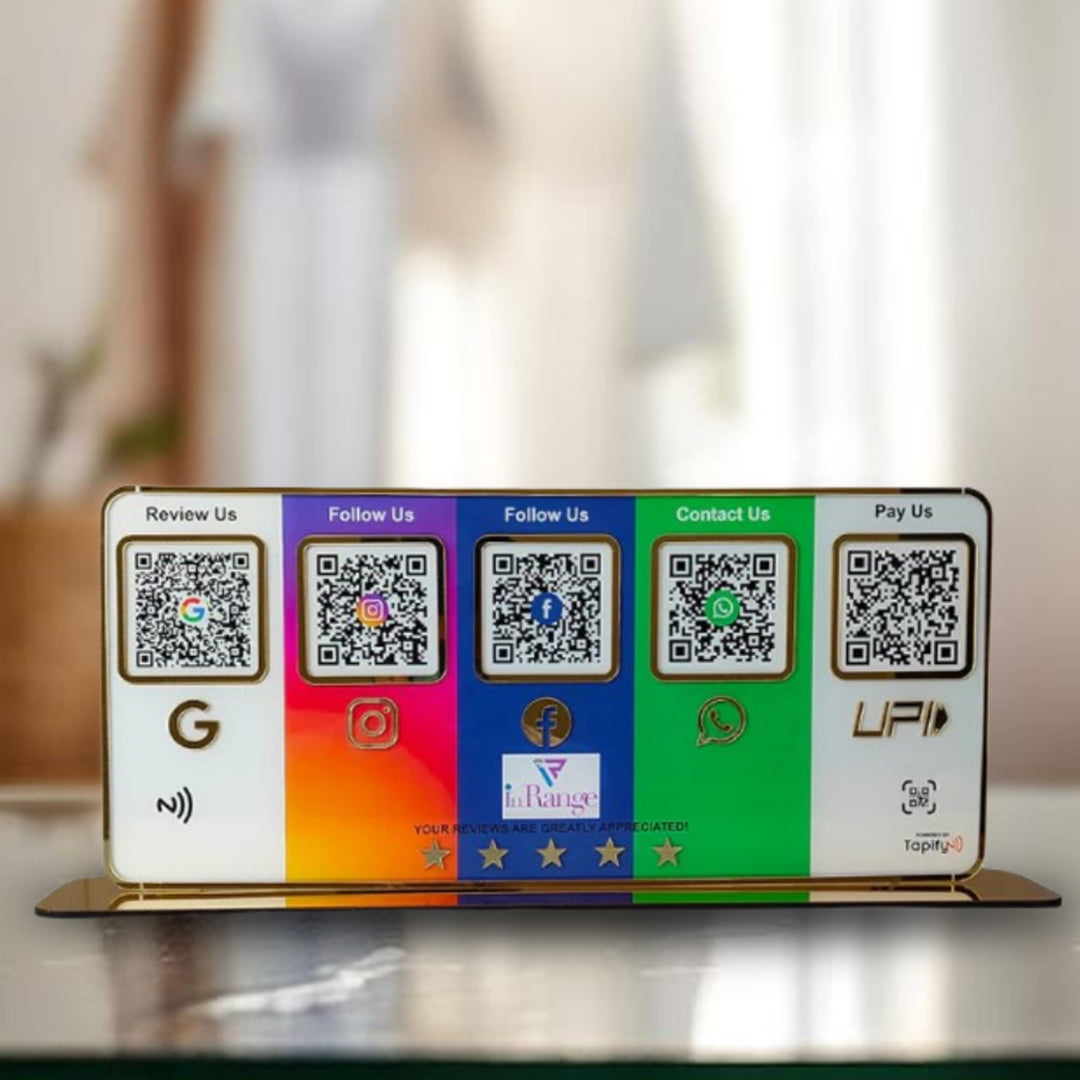 Premium Smart NFC Standee - 5QR Table Top Standee | Social Media Theme Edition