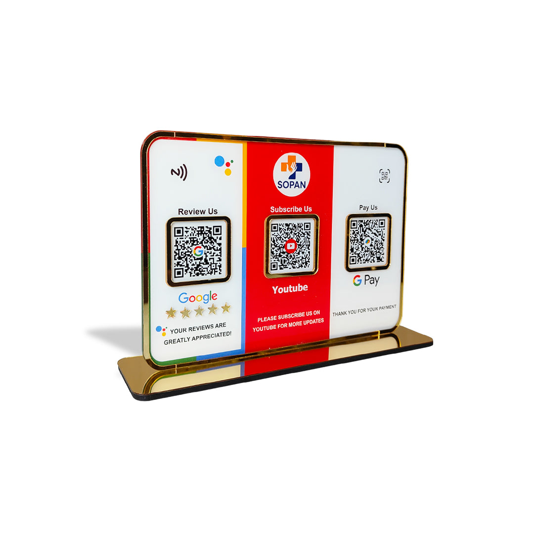 Premium Smart NFC 3QR Table Top Standee | Social Media Theme Edition-Google,Youtube,UPI