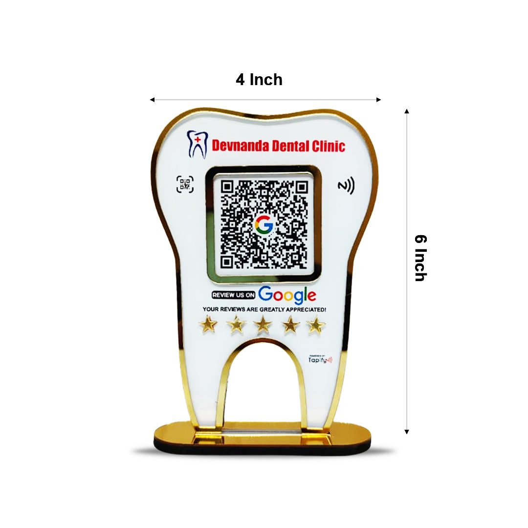 Premium - Dental Tooth Shaped NFC Single QR Standee - Google Review | Instagram | UPI