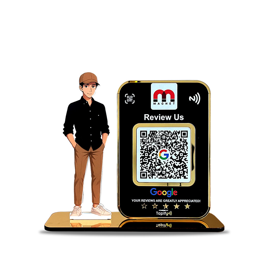 Boy Cutout Smart NFC 1QR Standee - Google Review ( With Golden Border )