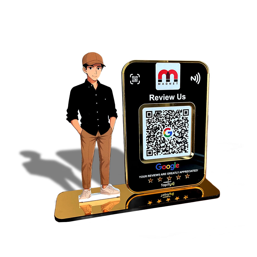 Boy Cutout Smart NFC 1QR Standee - Google Review ( With Golden Border )