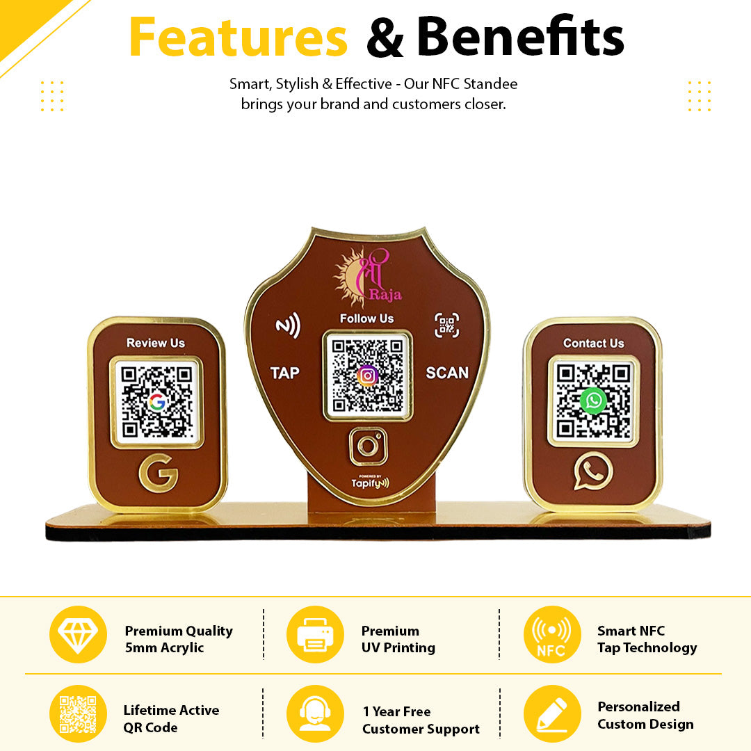 Gold Biscuit Shaped -Smart NFC 3-in-1 Tabletop Standee | For Jewelry Stores - Brown Colour