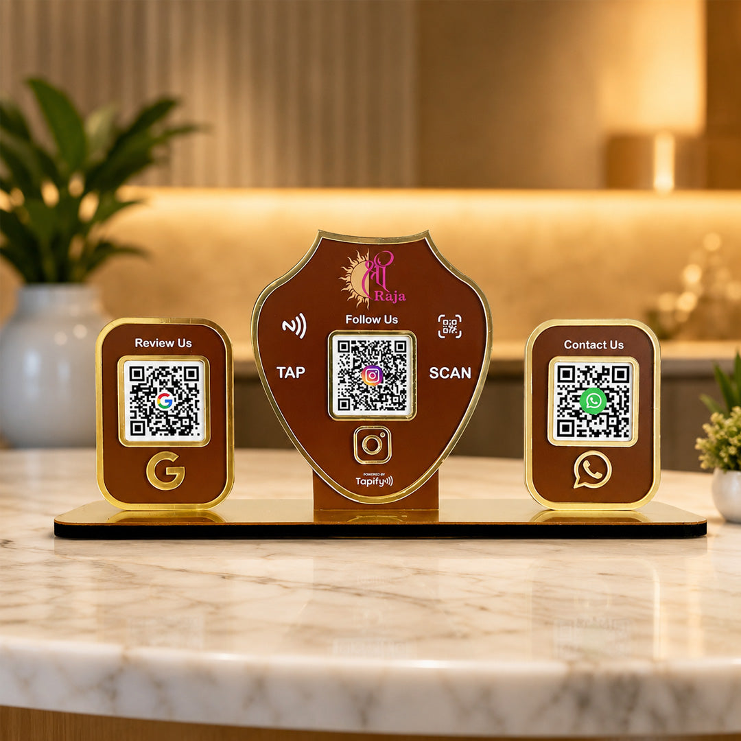 Gold Biscuit Shaped -Smart NFC 3-in-1 Tabletop Standee | For Jewelry Stores - Brown Colour