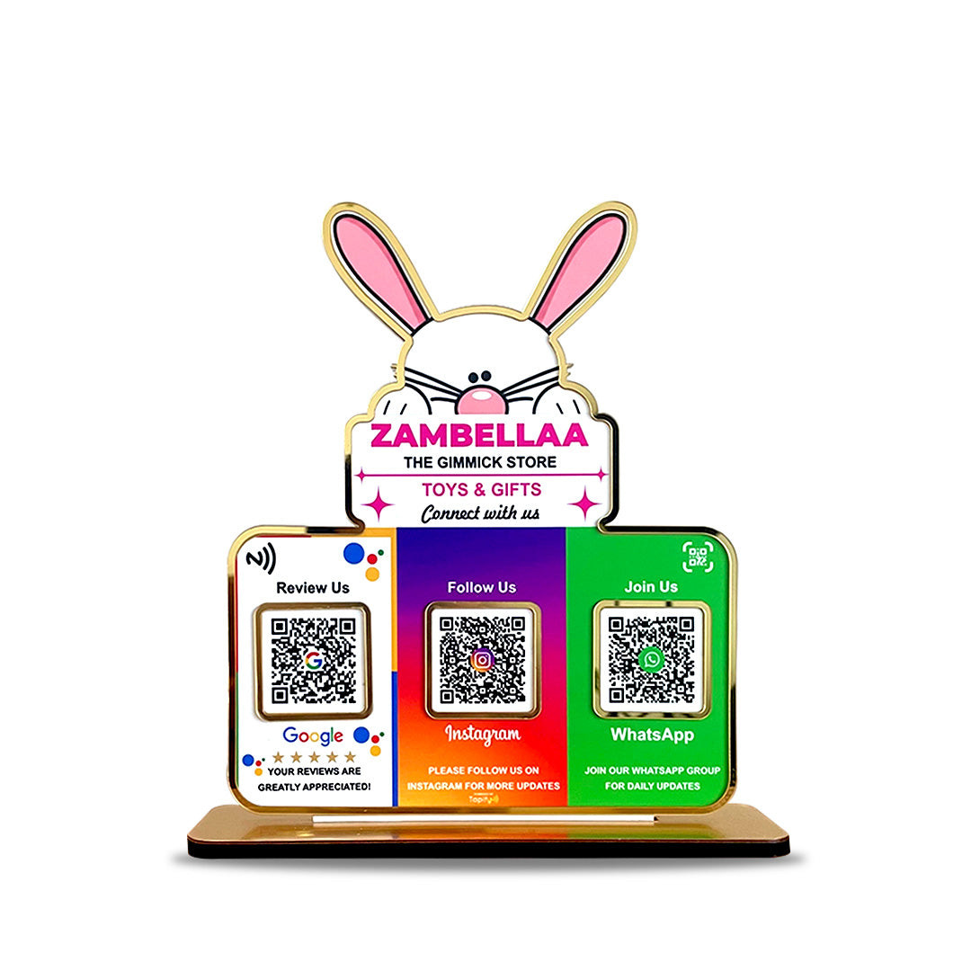 Bunny Logo Cutout Premium Smart NFC 3QR Table Top Standee | Social Media Theme Edition